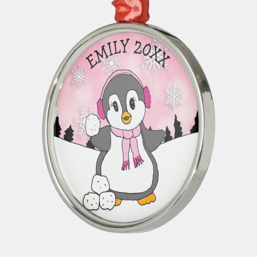 雪だるま投げるキュートなペンギンのクリスマス メタルオーナメント (左)