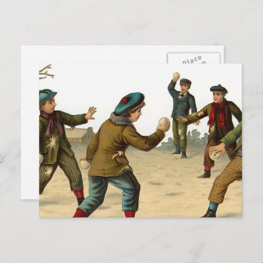 「雪だるま投げる男の子」ヴィンテージクリスマス シーズンポストカード (正面/裏面)