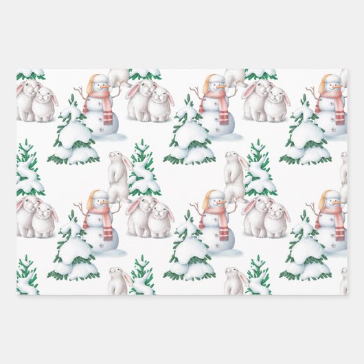 雪だるま白うさぎ木の水の色クリスマス ラッピングペーパーシート (正面3)