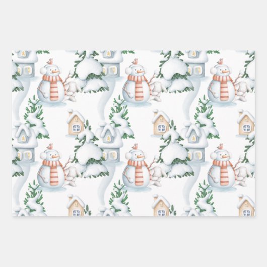 雪だるま白うさぎ木の水の色クリスマス ラッピングペーパーシート (正面2)