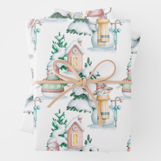 雪だるま白うさぎ木の水の色クリスマス ラッピングペーパーシート (インサイチュ)