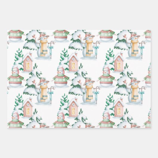 雪だるま白うさぎ木の水の色クリスマス ラッピングペーパーシート (正面)
