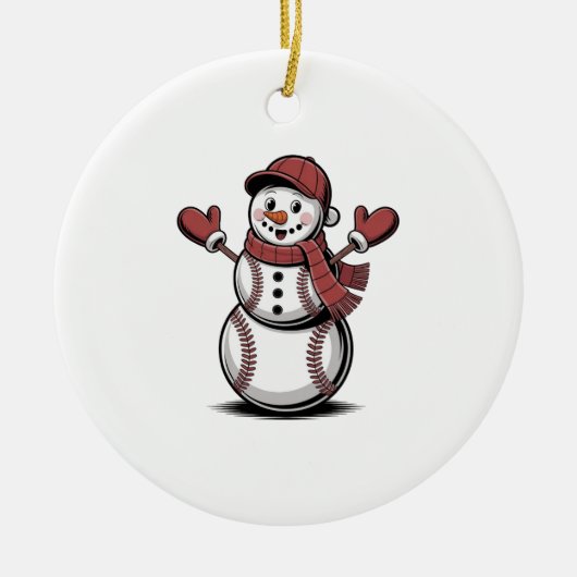 雪だるま野球クリスマススポーツ愛好家 セラミックオーナメント (正面)