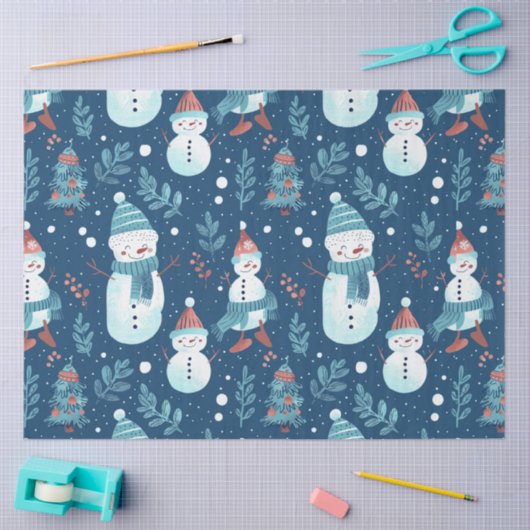 雪だるま雪の木の緑のクリスマス 薄葉紙 (クラフト)