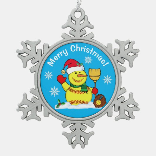 雪だるま雪片ソフトボールクリスマスオーナメント スノーフレークピューターオーナメント (正面)