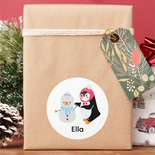 雪だるま霜の降りたとペンギン ラウンドシール (クリスマス)