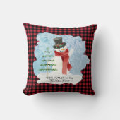 雪だるま霜の降りたウィンタークリスマスレッドブラックプレイド クッション (正面)