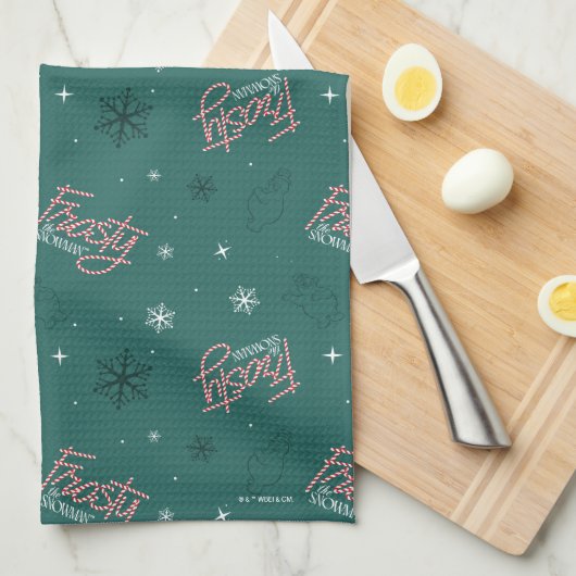 雪だるま霜の降りたグリーンスノーフレークパターン キッチンタオル (四つ折り)