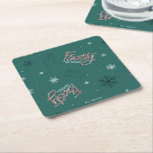 雪だるま霜の降りたグリーンスノーフレークパターン スクエアペーパーコースター (アングル)