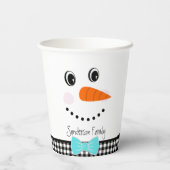 雪だるま顔ティール(緑がかった色)ブルーボウタイブラックバッファロープレイド 紙コップ (裏面)