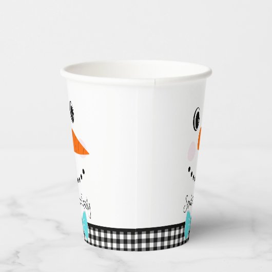 雪だるま顔ティール(緑がかった色)ブルーボウタイブラックバッファロープレイド 紙コップ (右)