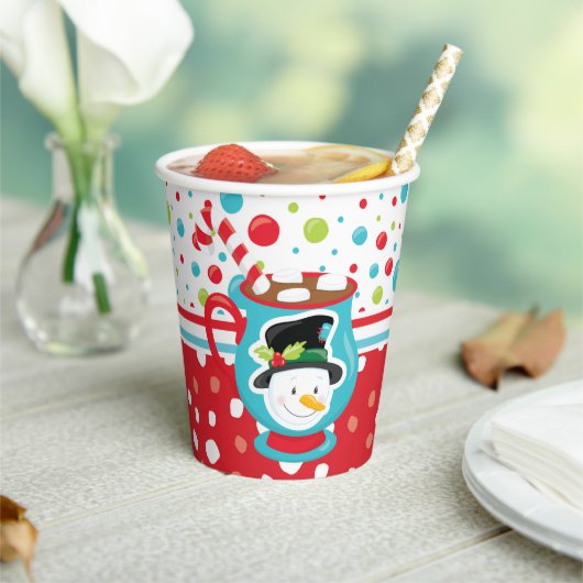 雪だるま顔ホットココアカラフルおもしろいクリスマス 紙コップ (インサイチュ)