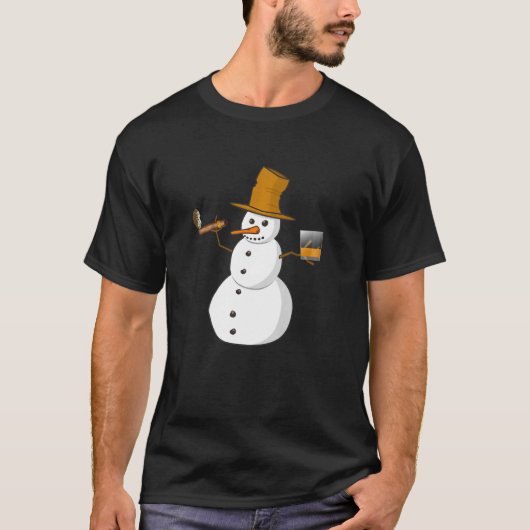 雪だるま飲みウィスキーと喫煙A葉巻 Tシャツ (正面)
