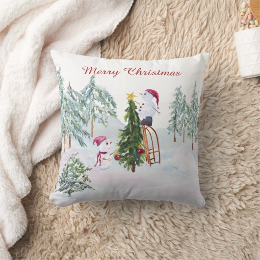 雪だるま飾のクリスマスツリー冬のシーン クッション (ブランケット)