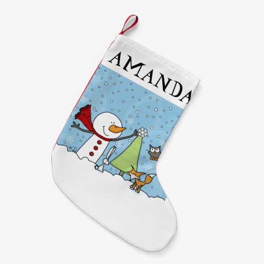 雪だるま飾ツリーとウッドランドクリーチャー スモールクリスマスストッキング (正面 (吊り時))