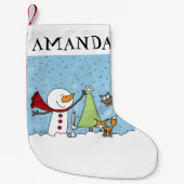 雪だるま飾ツリーとウッドランドクリーチャー スモールクリスマスストッキング (正面)