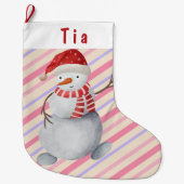 雪だるま魅力的ピンクと紫のクリストライプのスマス ラージクリスマスストッキング (正面)