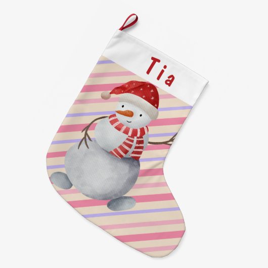 雪だるま魅力的ピンクと紫のクリストライプのスマス ラージクリスマスストッキング (正面 (吊り時))