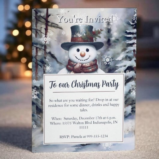雪だるま魅力的水彩冬の森パーティー 招待状