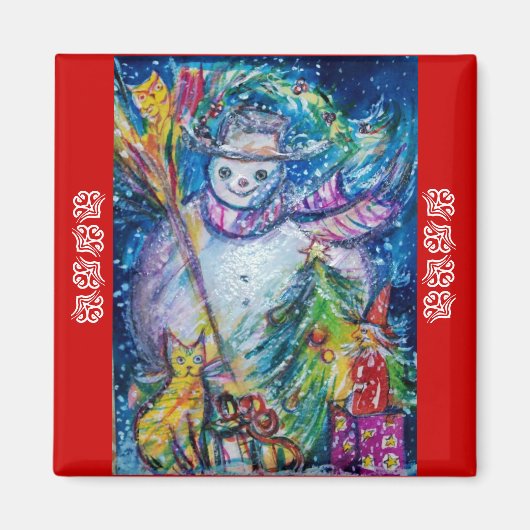 雪だるま、おもちゃ、クリスマスツリー赤ブルー マグネット (正面)