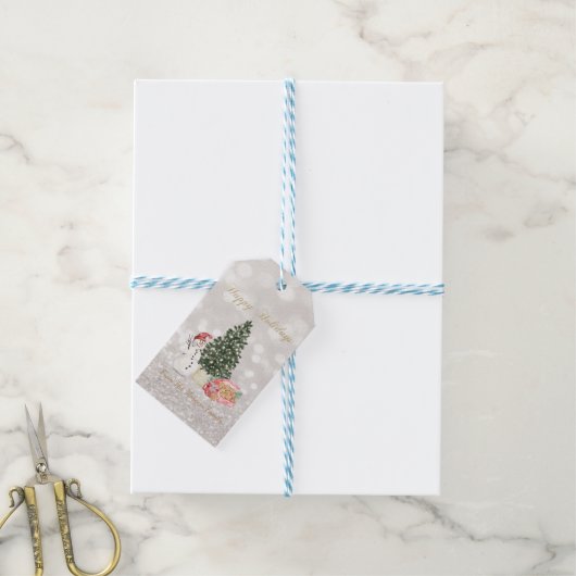 雪だるま、クッキー、パインツリーグリッター《写真》ぼけ味 ギフトタグ (より糸付き)