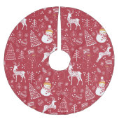 雪だるま、クリスマスツリーと鹿、ウィンターレッド ブラッシュドポリエステルツリースカート (正面)