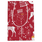 雪だるま、クリスマスツリーと鹿、ウィンターレッド ミディアムペーパーバッグ (正面)