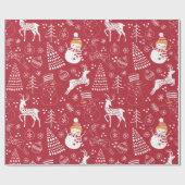 雪だるま、クリスマスツリーと鹿、ウィンターレッド ラッピングペーパー (フラット)