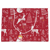 雪だるま、クリスマスツリーと鹿、ウィンターレッド ラージペーパーバッグ (正面)
