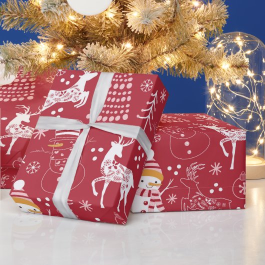 雪だるま、クリスマスツリーと鹿、冬の赤 ラッピングペーパー (クリスマス)