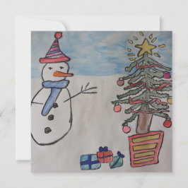 雪だるま&クリスマスツリーの平らなクリスマスカード