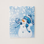 雪だるま ジグソーパズル<br><div class="desc">雪だるま遊が雪の中で青い背景</div>
