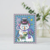 雪だるま、ジンジャーブレッドマン、ホットチョコレートのマグカップ シーズンポストカード (スタンド正面)