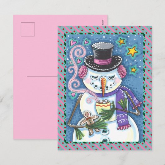 雪だるま、ジンジャーブレッドマン、ホットチョコレートのマグカップ シーズンポストカード (正面/裏面)