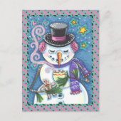 雪だるま、ジンジャーブレッドマン、ホットチョコレートのマグカップ シーズンポストカード (正面)