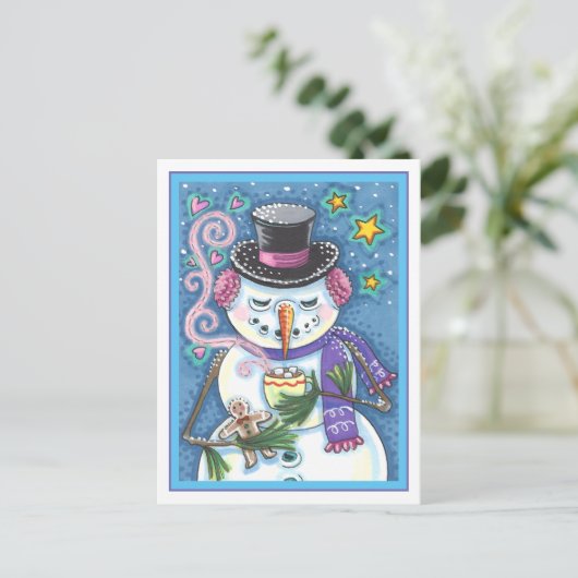 雪だるま、ジンジャーブレッドマン、ホットチョコレートのマグカップ シーズンポストカード (スタンド正面)