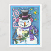 雪だるま、ジンジャーブレッドマン、ホットチョコレートのマグカップ シーズンポストカード (正面)