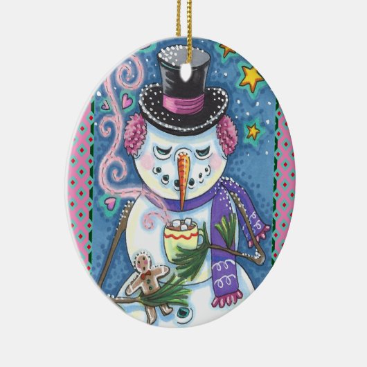 雪だるま、ジンジャーブレッドマン、ホットチョコレートのマグカップ セラミックオーナメント (右)