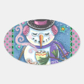 雪だるま、ジンジャーブレッドマン、ホットチョコレートのマグカップ 楕円形シール (正面)