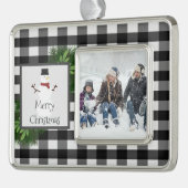 雪だるま バフアロープレイド 額縁付き | 黒と白 シルバープレートフレームオーナメント (左)