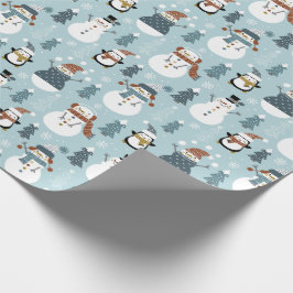 雪だるま、ペンギン、クリスマスツリー、雪片 ラッピングペーパー