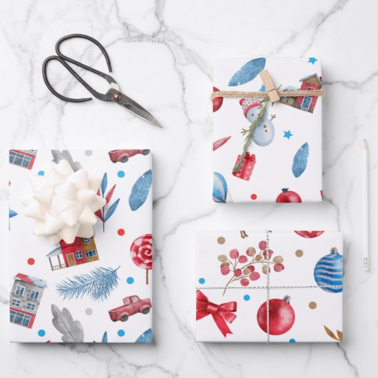 雪だるま，ホリデーハウス，クリスマスオーナメント，弓 ラッピングペーパーシート (正面)