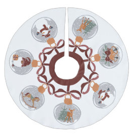 雪だるま、小妖精や小人、ベル、鹿と雪の球体 ブラッシュドポリエステルツリースカート