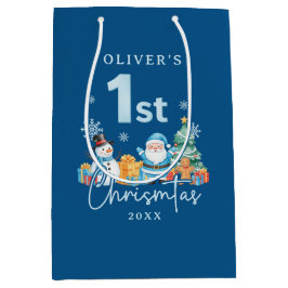 雪だるま、木とギとブルーサンタ1stクリスマス ミディアムペーパーバッグ