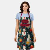 雪だるま、木、オーナメントのダーククリスマス エプロン (着用した状態)