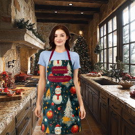 雪だるま、木、オーナメントのダーククリスマス エプロン
