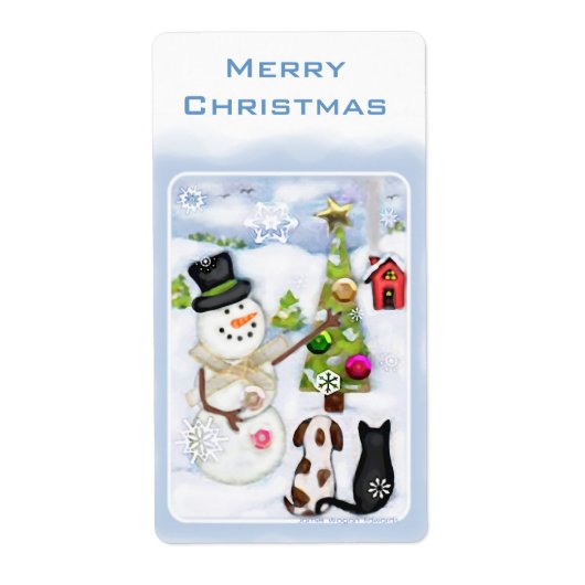 雪だるま、犬、猫のクリスマスラベル ラベル (正面)