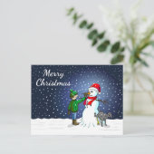 雪だるま、犬、男の子のクリスマスポストカード ポストカード (スタンド正面)