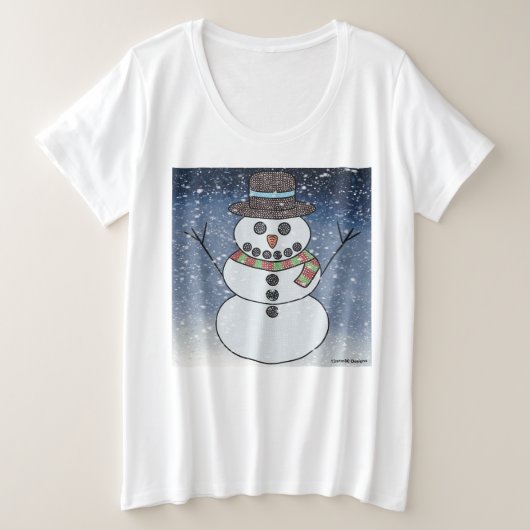 雪だるま+背景(白) - 女性用プラスサイズTシャツ プラスサイズTシャツ (デザイン正面)