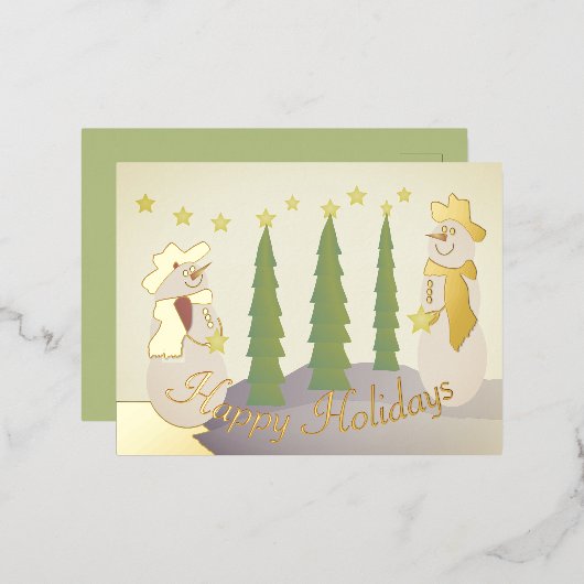 雪だるま(金ゴールドアクセント) 箔シーズンポストカード (正面/裏面)